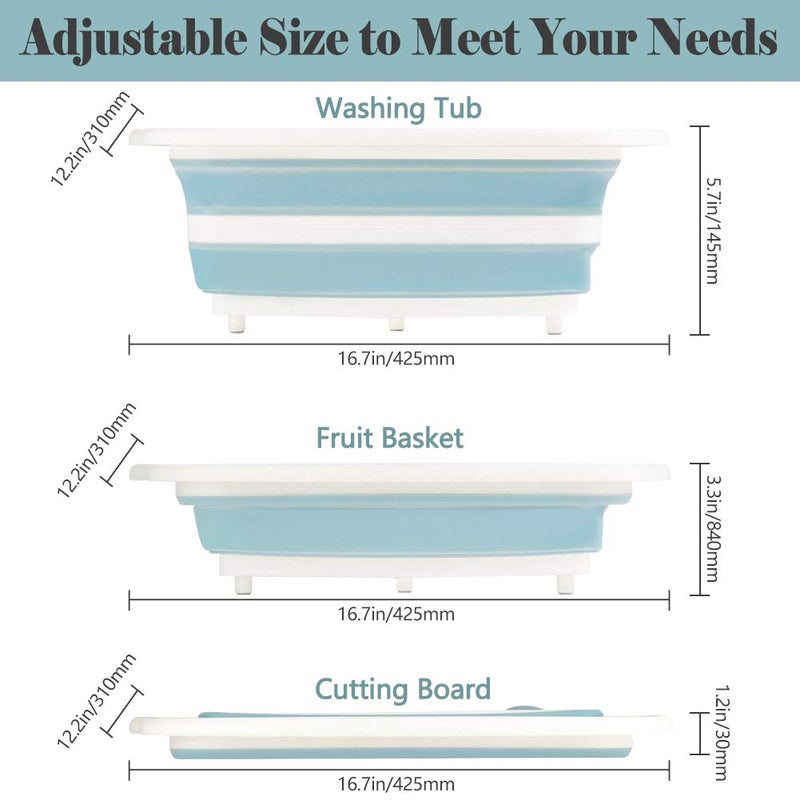 Rottogoon Collapsible Cutting Board, Foldable Chopping Board with Colander, Multifunctional Kitchen Vegetable Washing Basket Silicone Dish Tub for BBQ Prep/Picnic/Camping(Light Blue) - Image 3